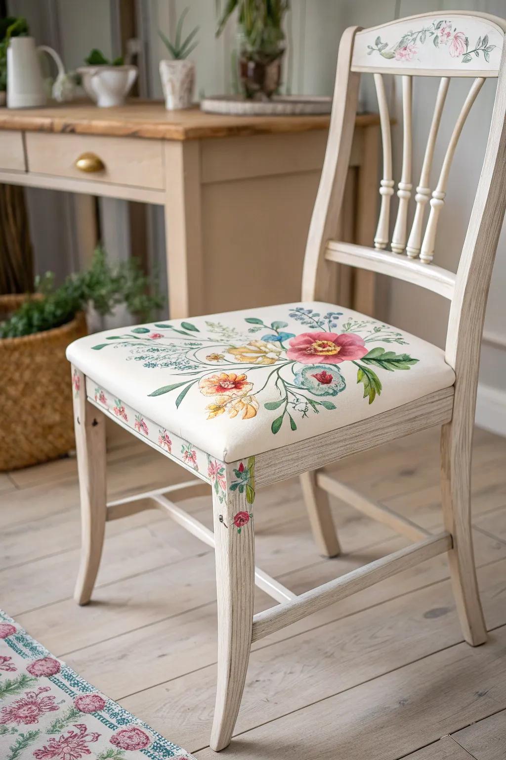 Transform your dining space with whimsical, hand-painted floral chair seats.
