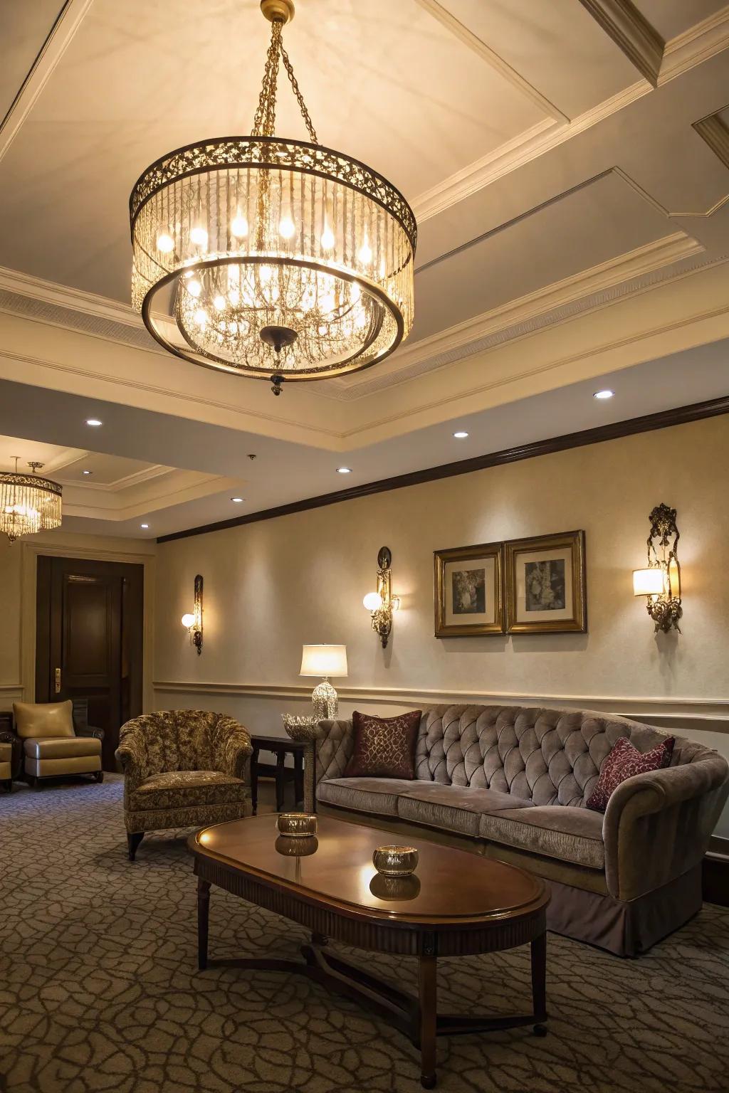 A sophisticated room featuring a flush mount chandelier on a low ceiling.