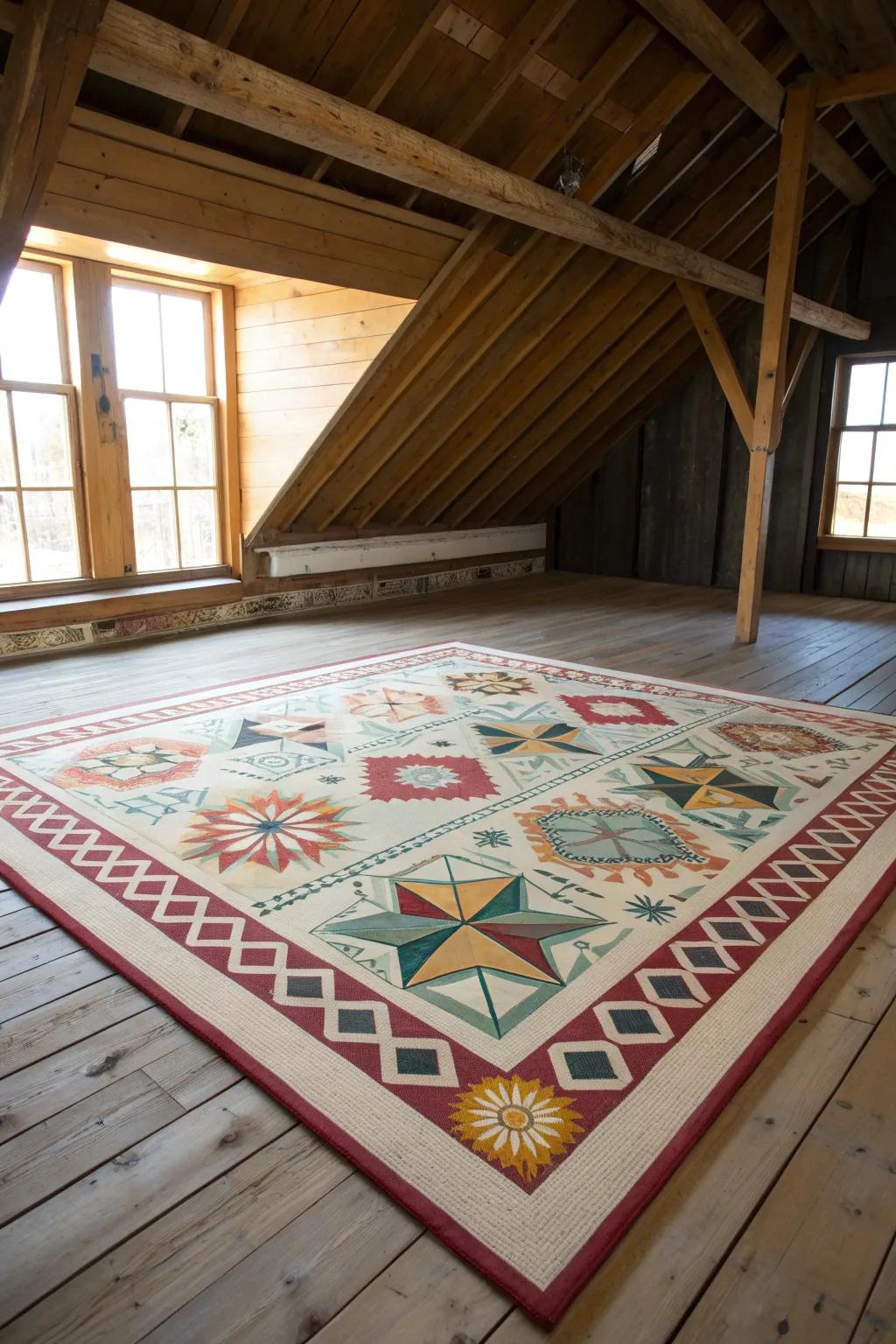 Elevate your attic with the artistry of fabric floor cloths—where creativity meets craftsmanship.