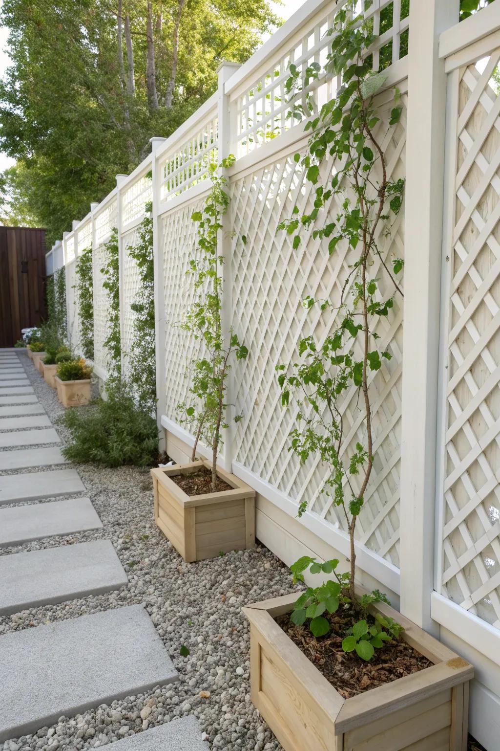 Embrace elegance and durability in your garden with a charming PVC lattice fence, perfect for showcasing climbing greenery.