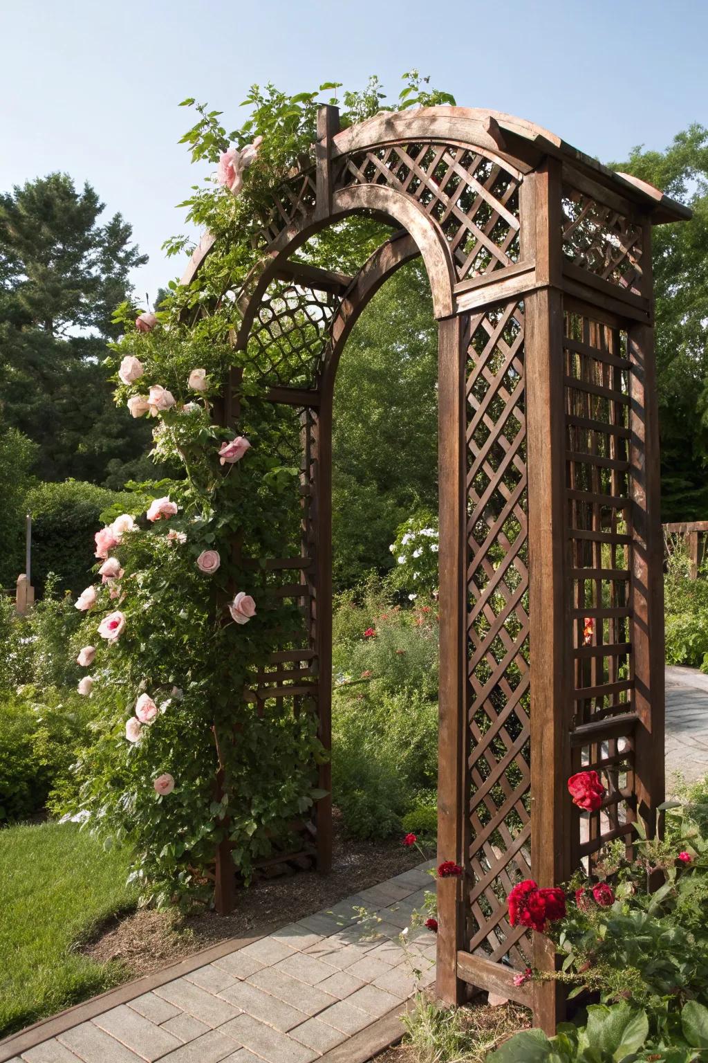 Step into a storybook garden through this exquisite lattice archway, a masterpiece of craftsmanship.