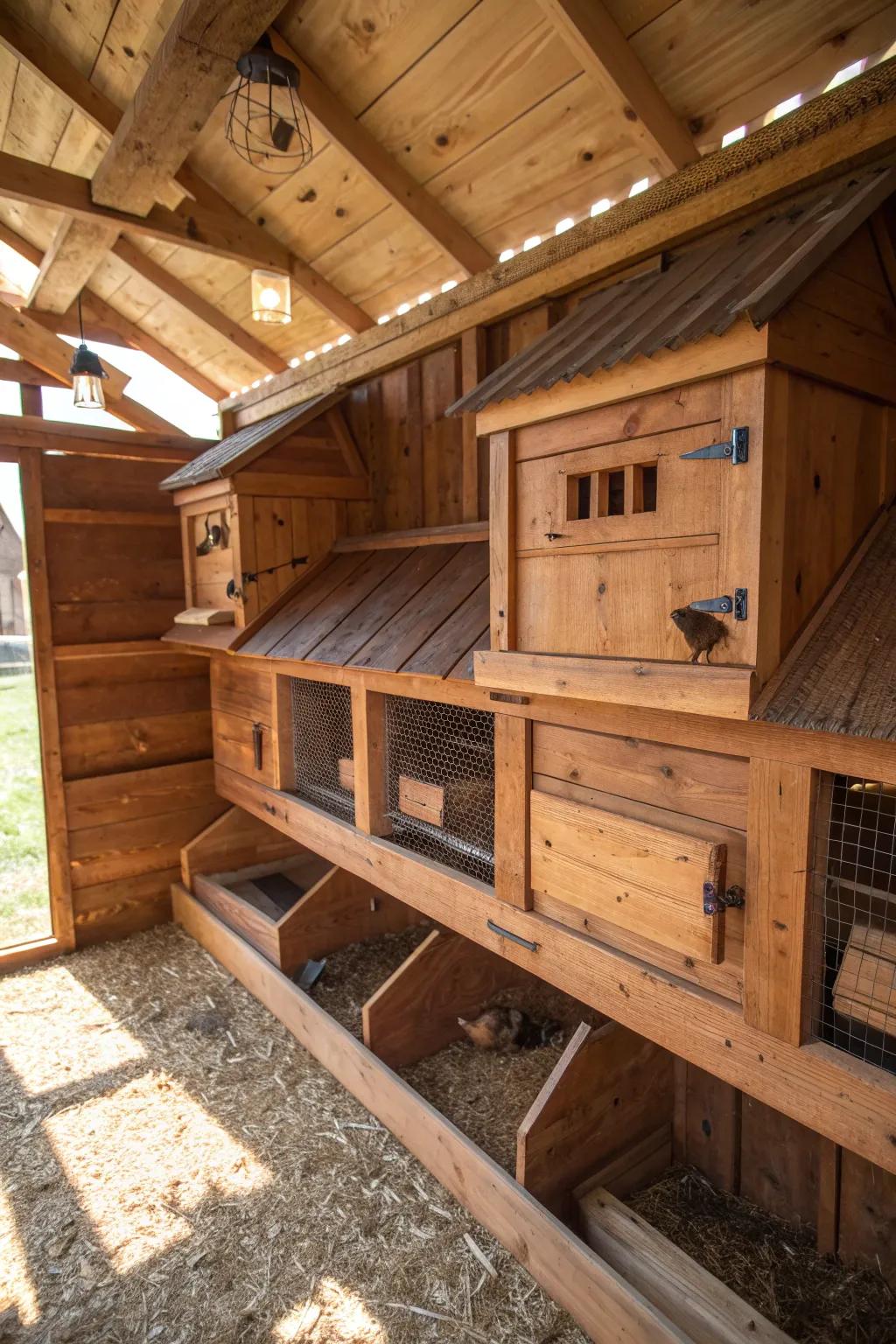 Elevate your coop with these beautifully crafted nesting box roosts, blending function and style seamlessly.