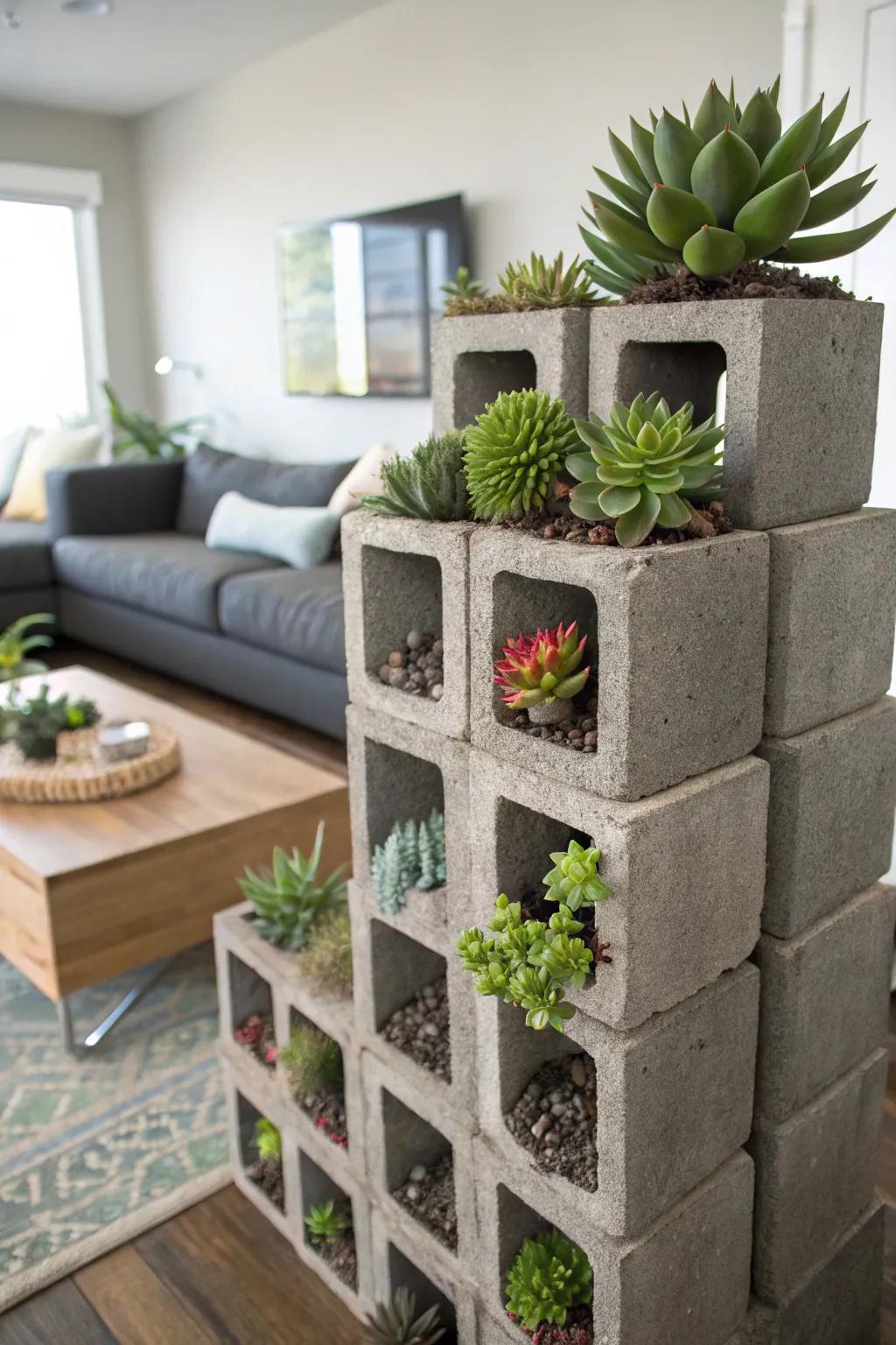 Transform your space with a striking cinder block succulent display that blends industrial chic with nature's elegance.