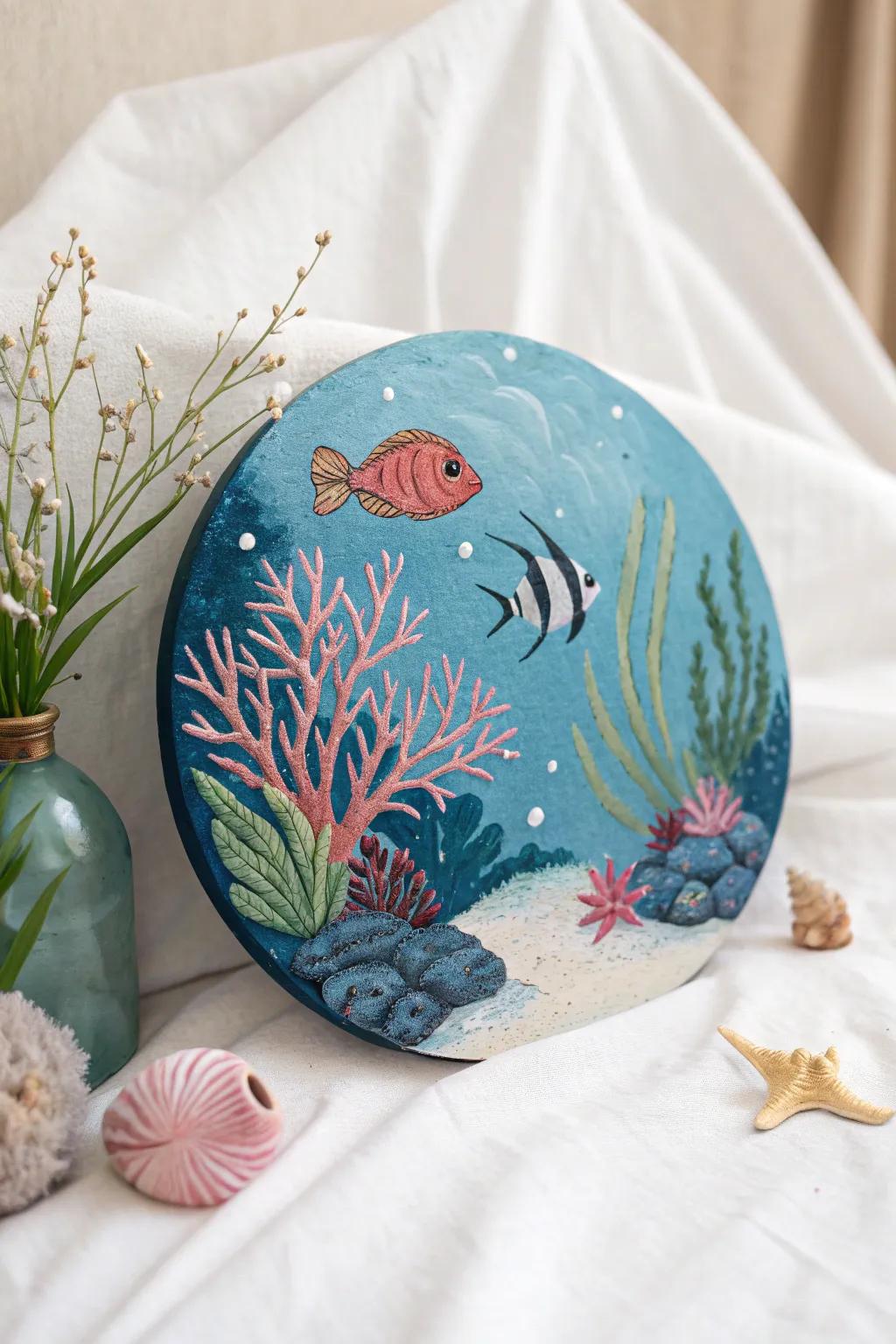 Bring the ocean's tranquility to your space with this stunning underwater circle painting, where craftsmanship meets natural beauty.