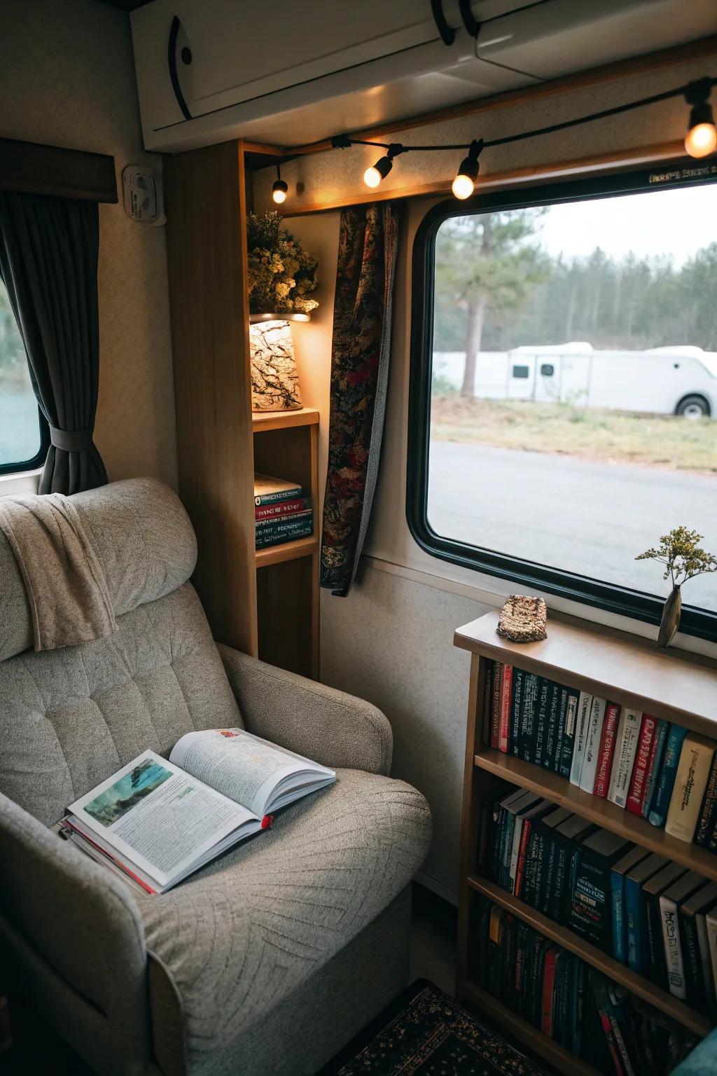 A reading nook offers a peaceful retreat in your RV.
