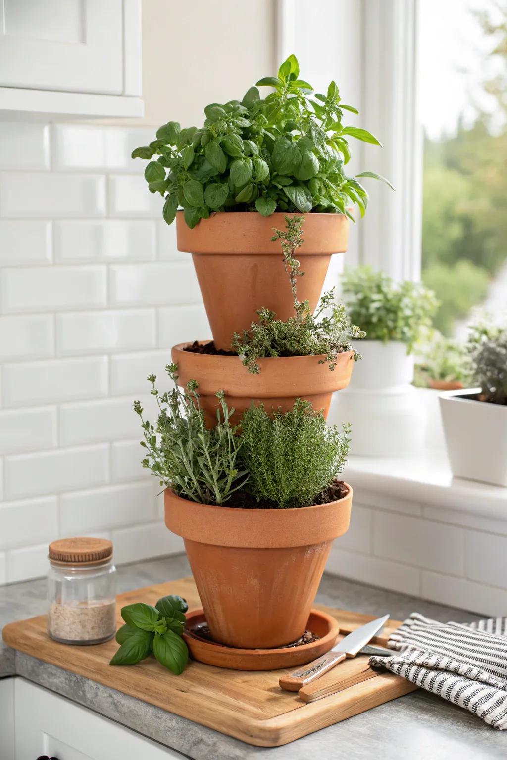 Elevate your space with a charming clay pot herb tower—where simplicity meets natural beauty.