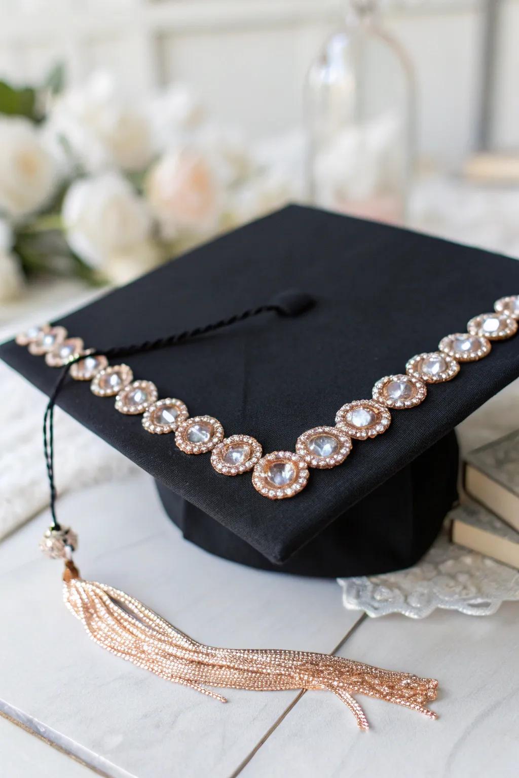 Add a touch of sparkle and sophistication to your graduation cap with elegant gemstone accents.
