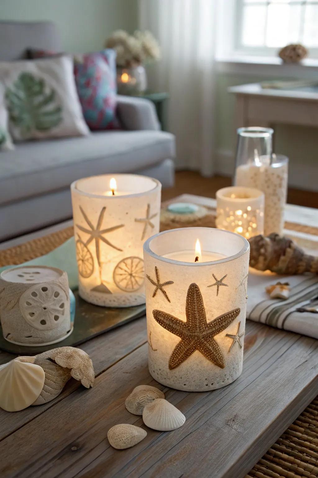 Beach-themed candle holders for seaside charm.