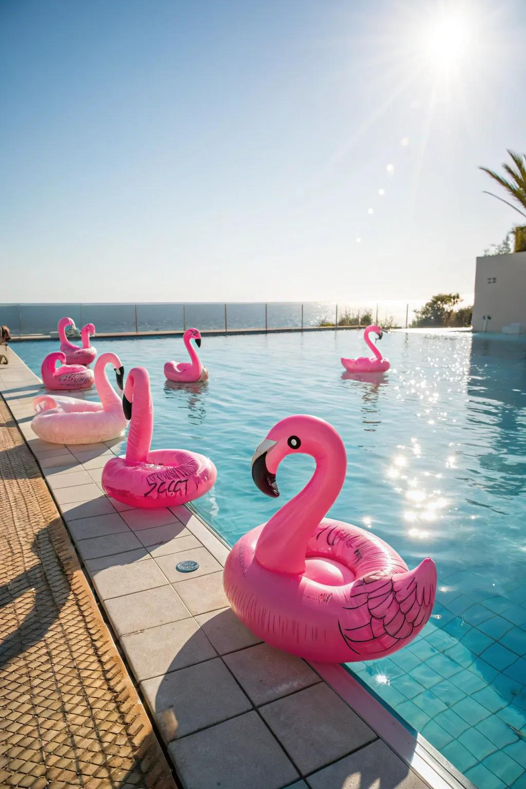Whimsical pink flamingo floats for poolside fun.