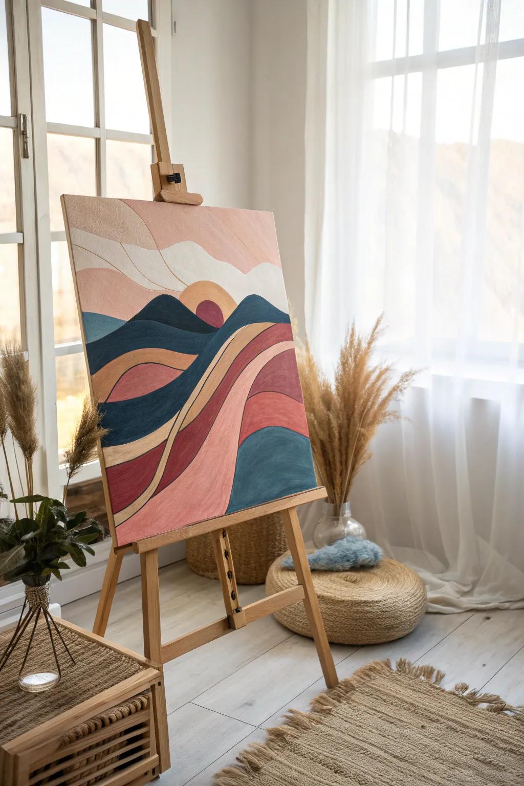 Explore dreamy horizons with abstract landscapes that blend vibrant colors and serene forms, perfect for a minimalist aesthetic with a Boho twist.