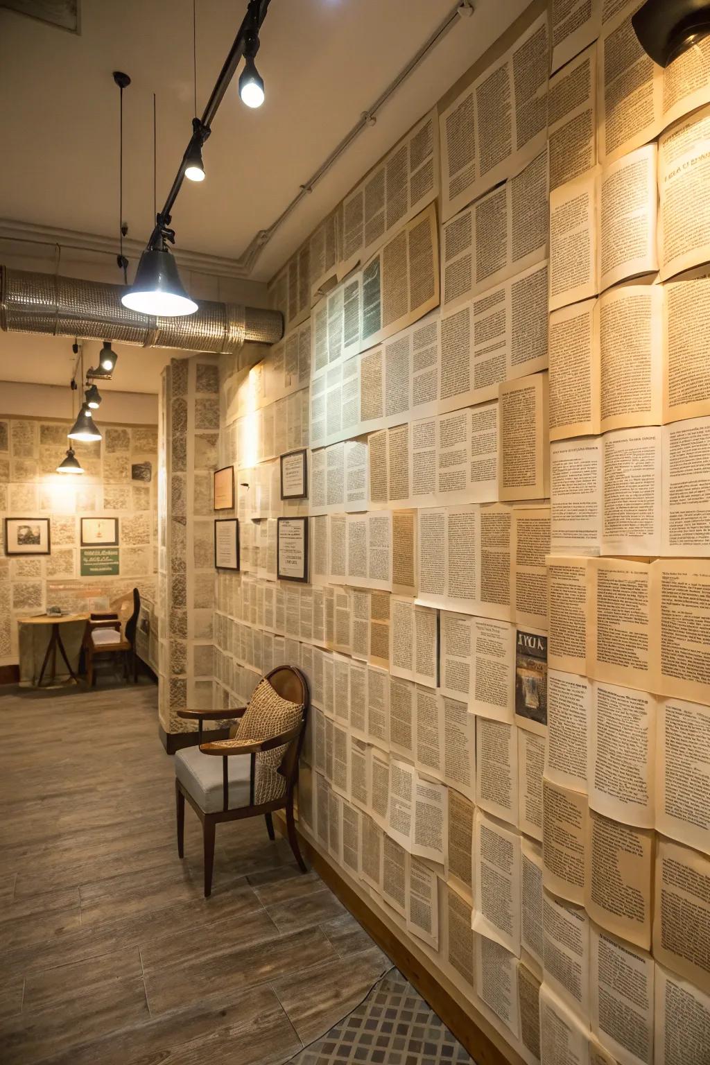 Unique book page wallpaper as a feature wall