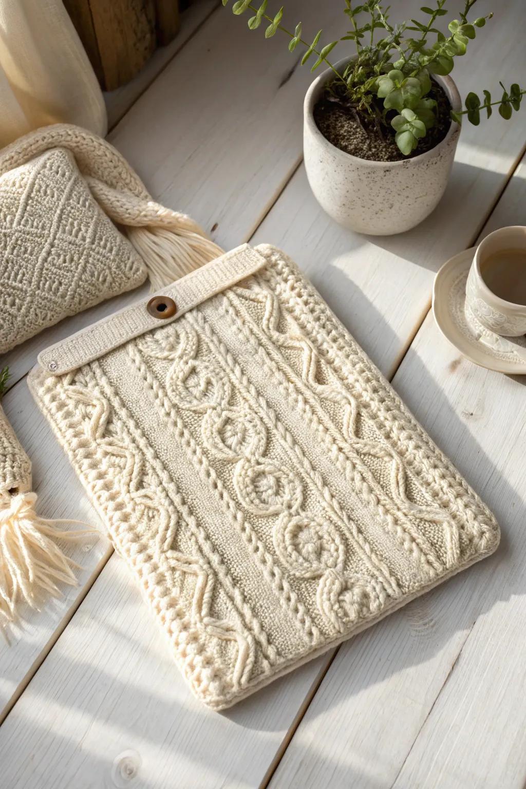 Wrap your tech in warmth: Discover the elegance of a handmade knit tablet sleeve.