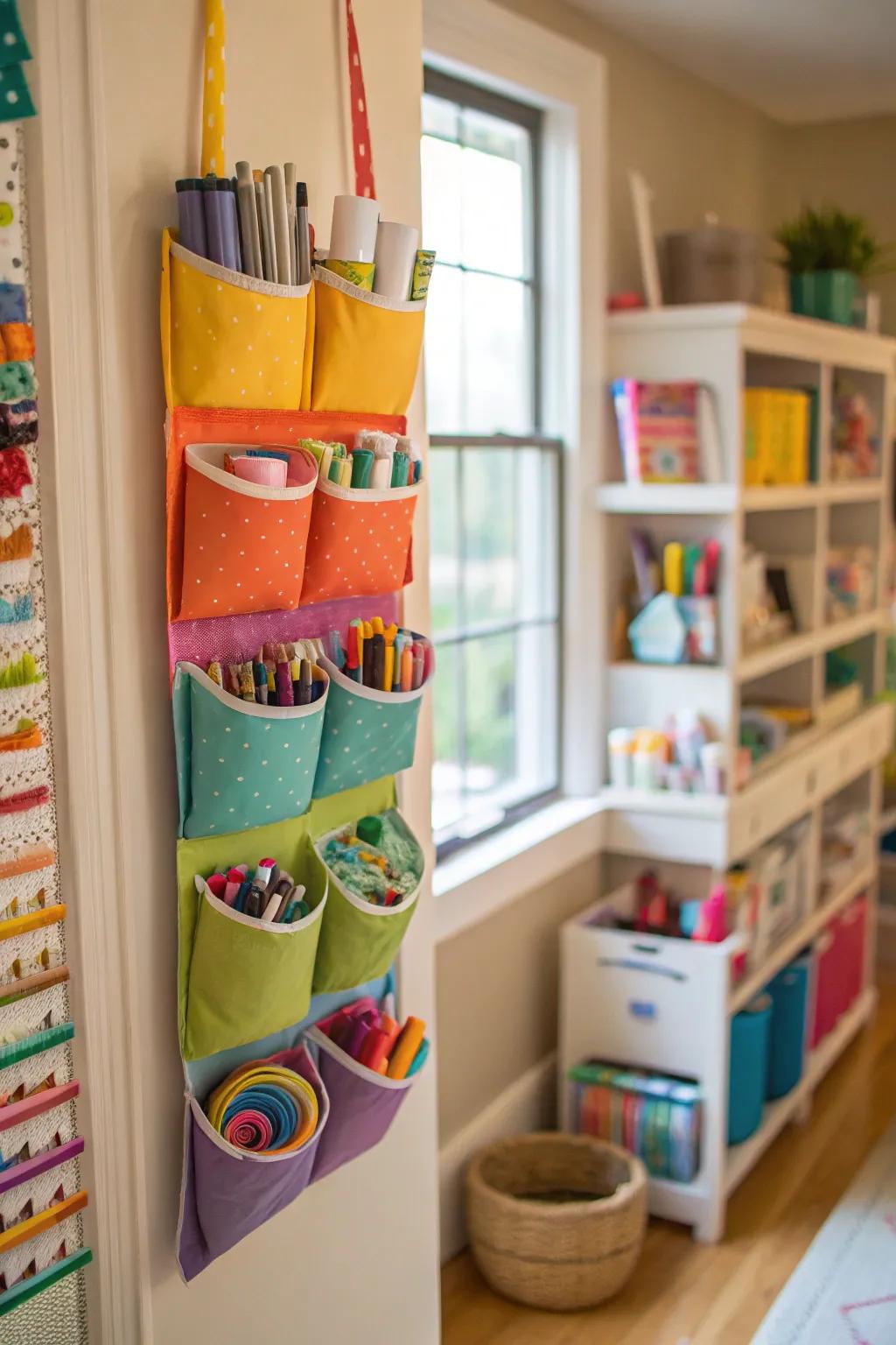 A vertical garden of craft supplies on display.