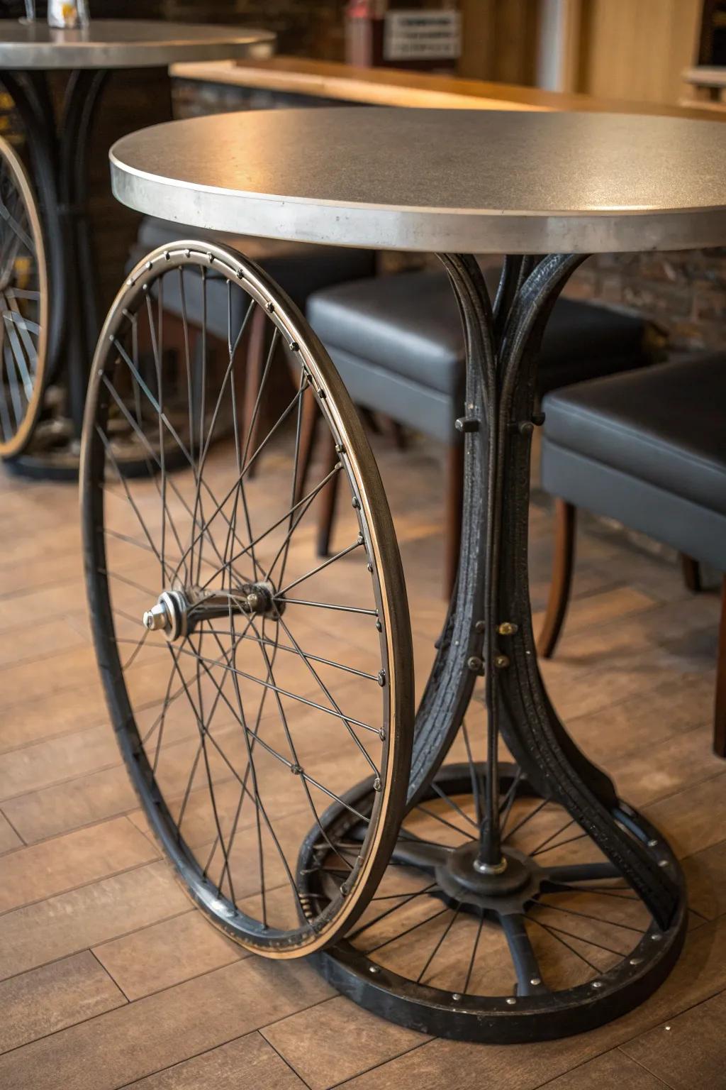 Elevate your space with a vintage twist: Upcycled bicycle wheel table legs.