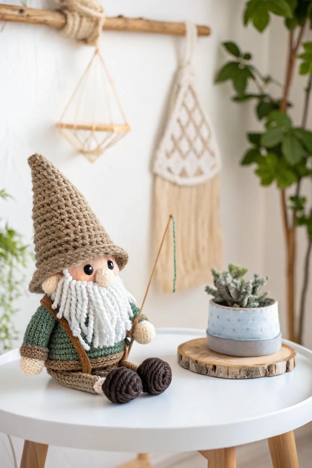 Add a smile to Dad's office with this charming crochet fishing gnome!