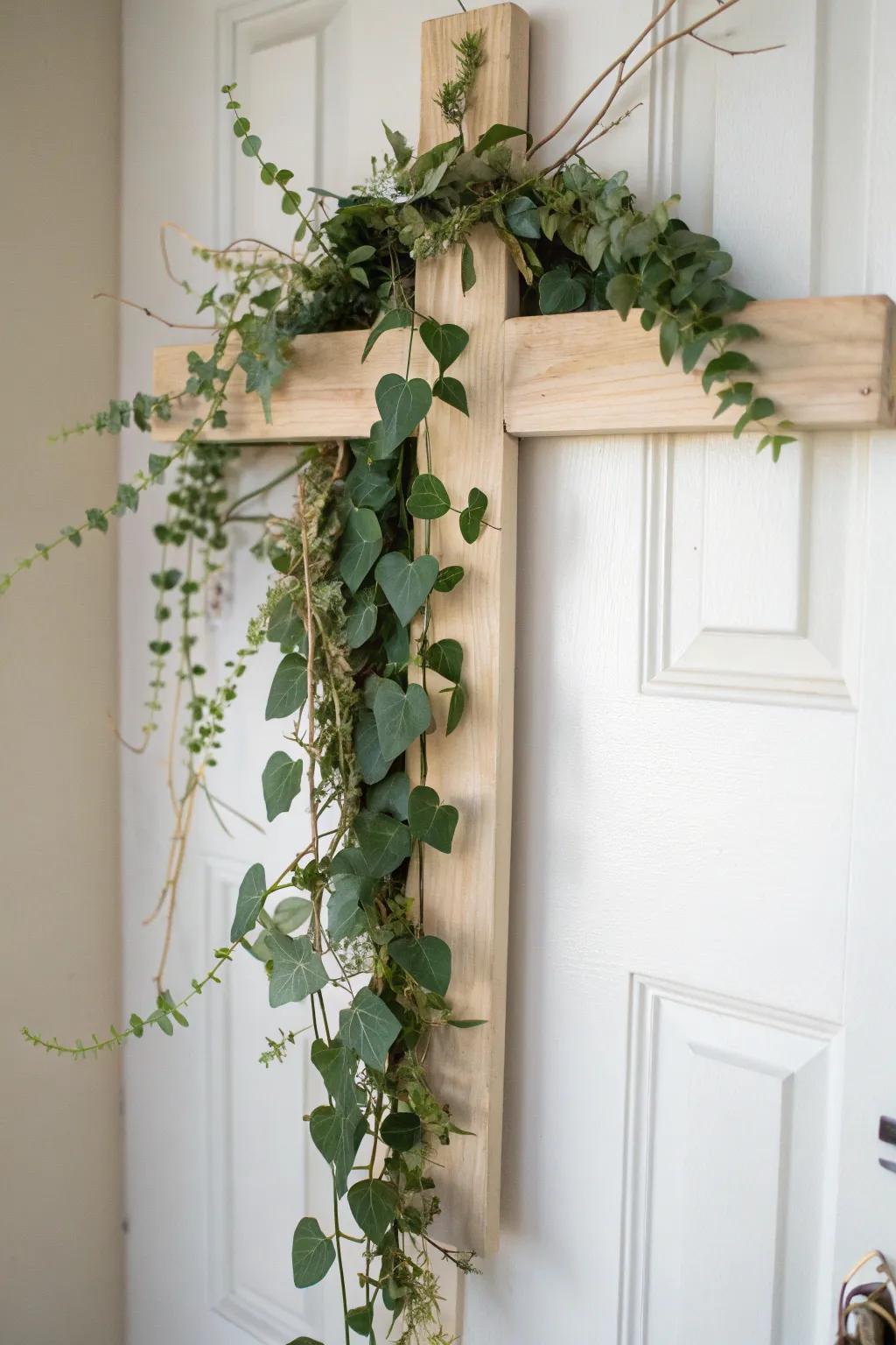 Bring the tranquility of nature to your doorstep with this elegant eucalyptus and ivy cross.