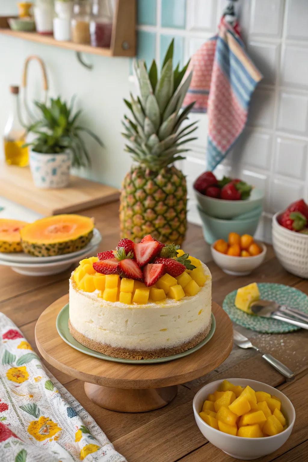 A tropical fruit fiesta cake bursting with freshness.