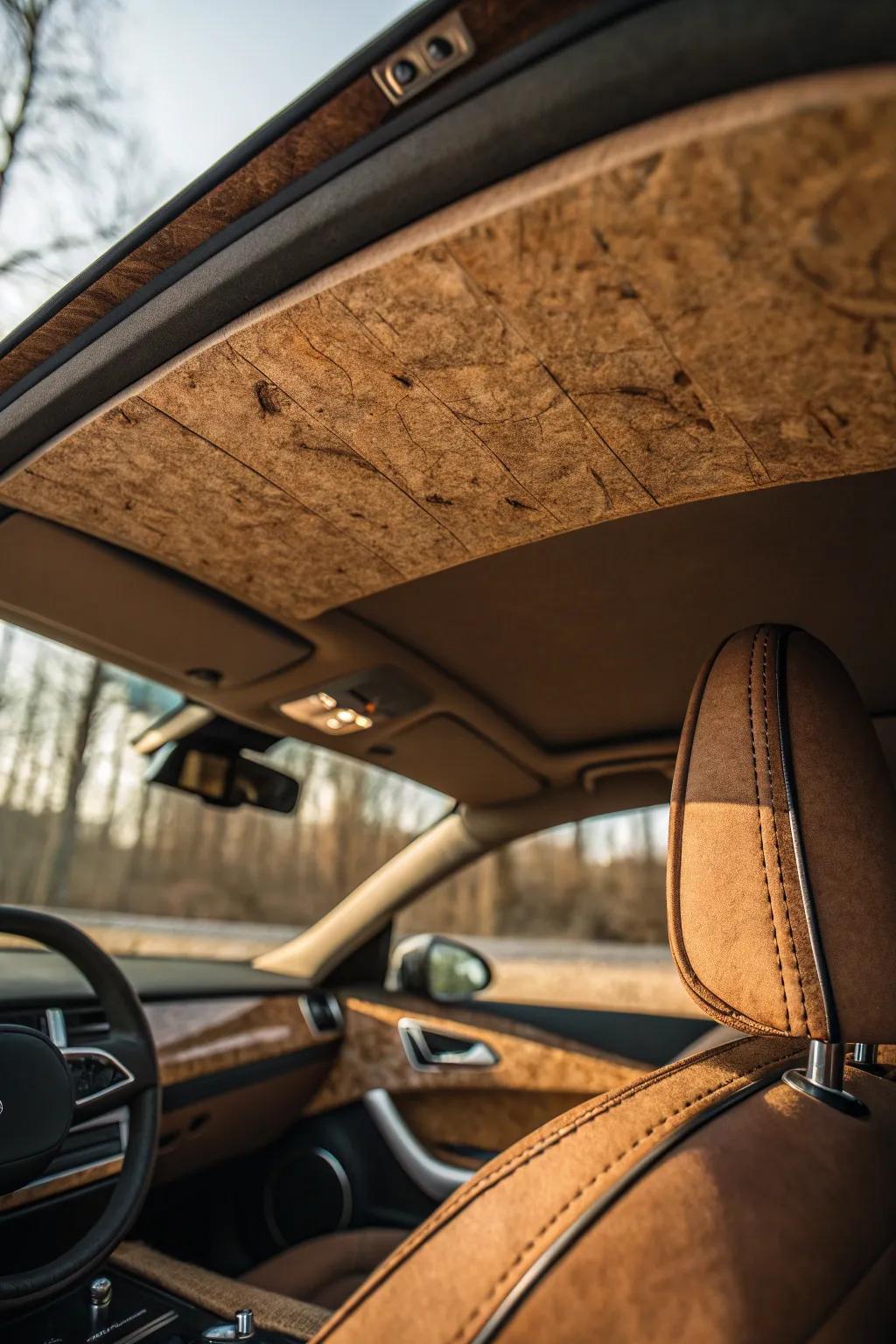 Elevate your ride with sustainable elegance: a custom cork headliner that merges nature with craftsmanship.