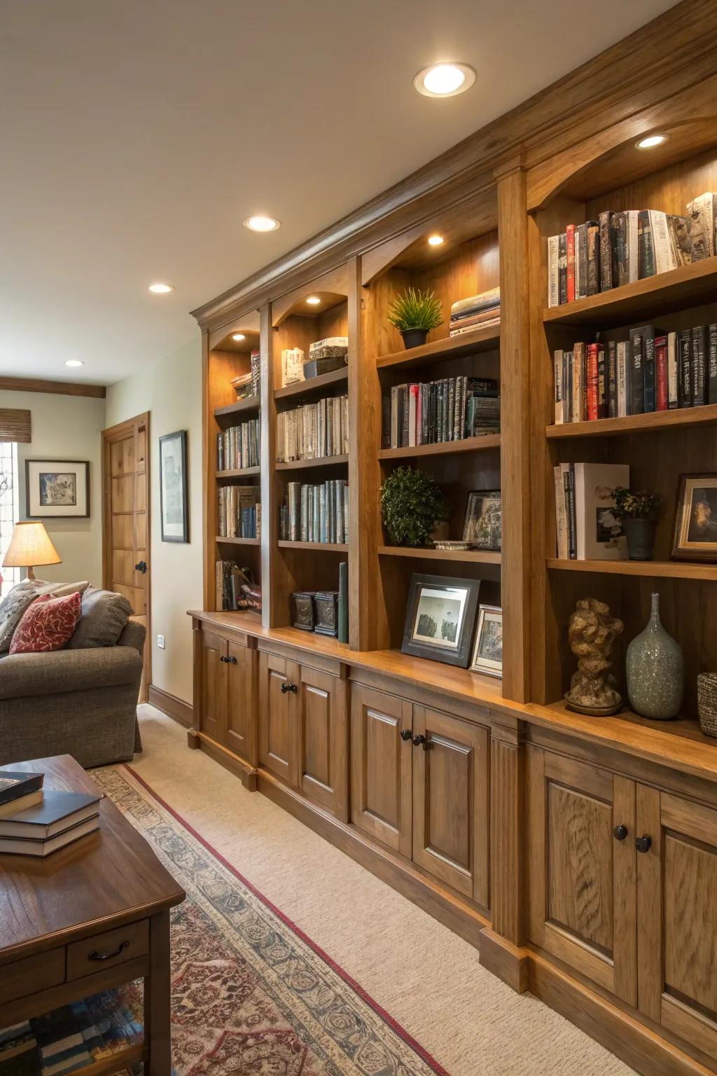 Custom built-in shelves offering stylish storage solutions.