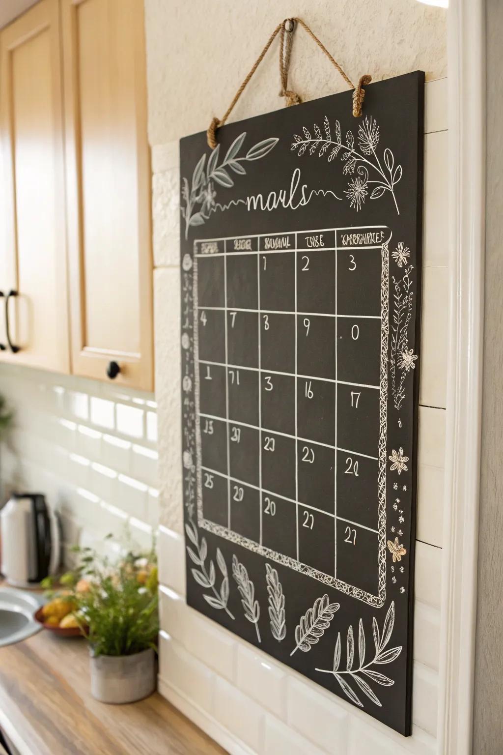 Elevate your kitchen space with a charming chalkboard calendar, where simplicity meets creativity.