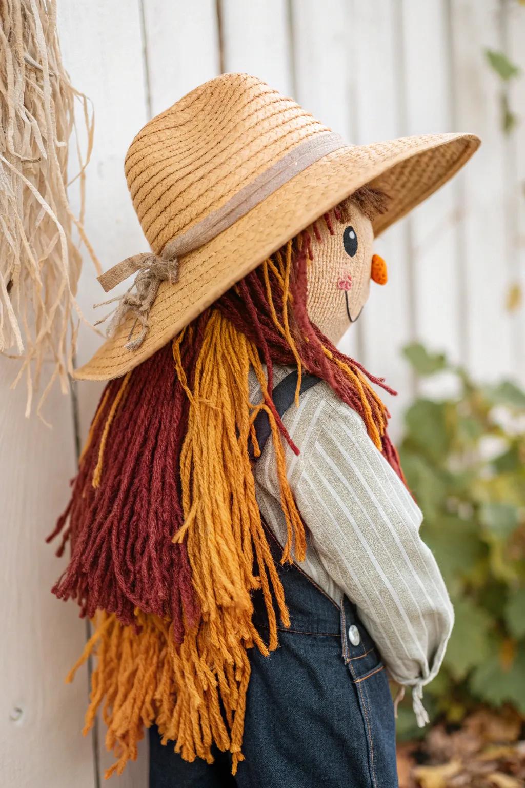 Add a playful twist to your scarecrow look with vibrant yarn hair peeking from under a chic straw hat.