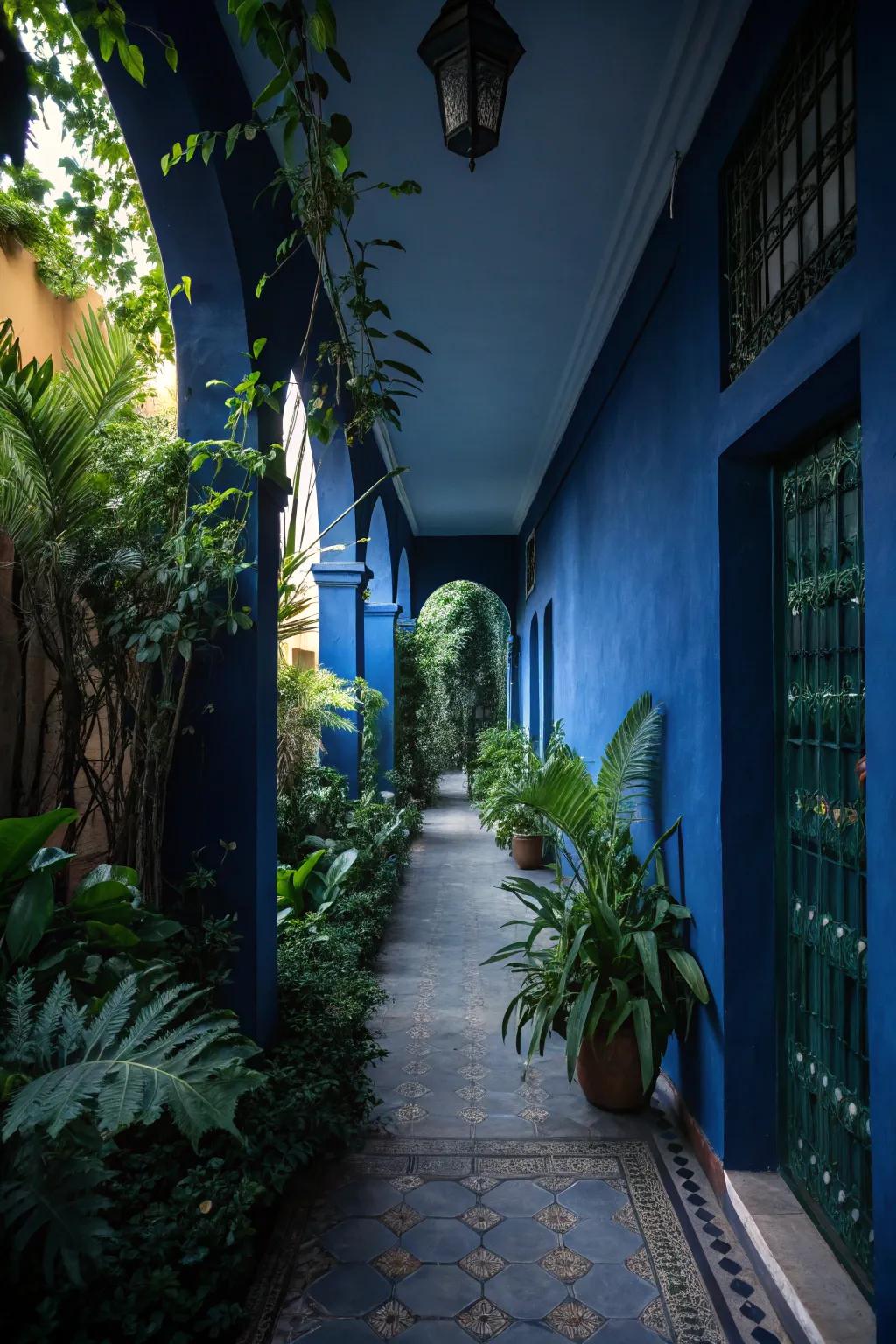 Greenery provides a refreshing contrast to dark blue tones.