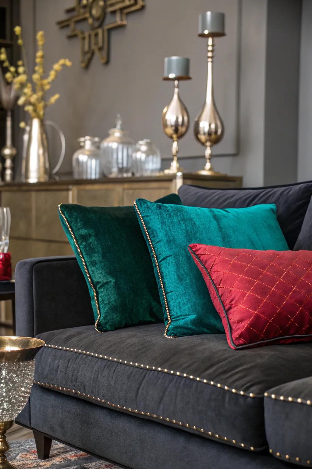 Jewel tones add a touch of luxury to the dark grey couch.
