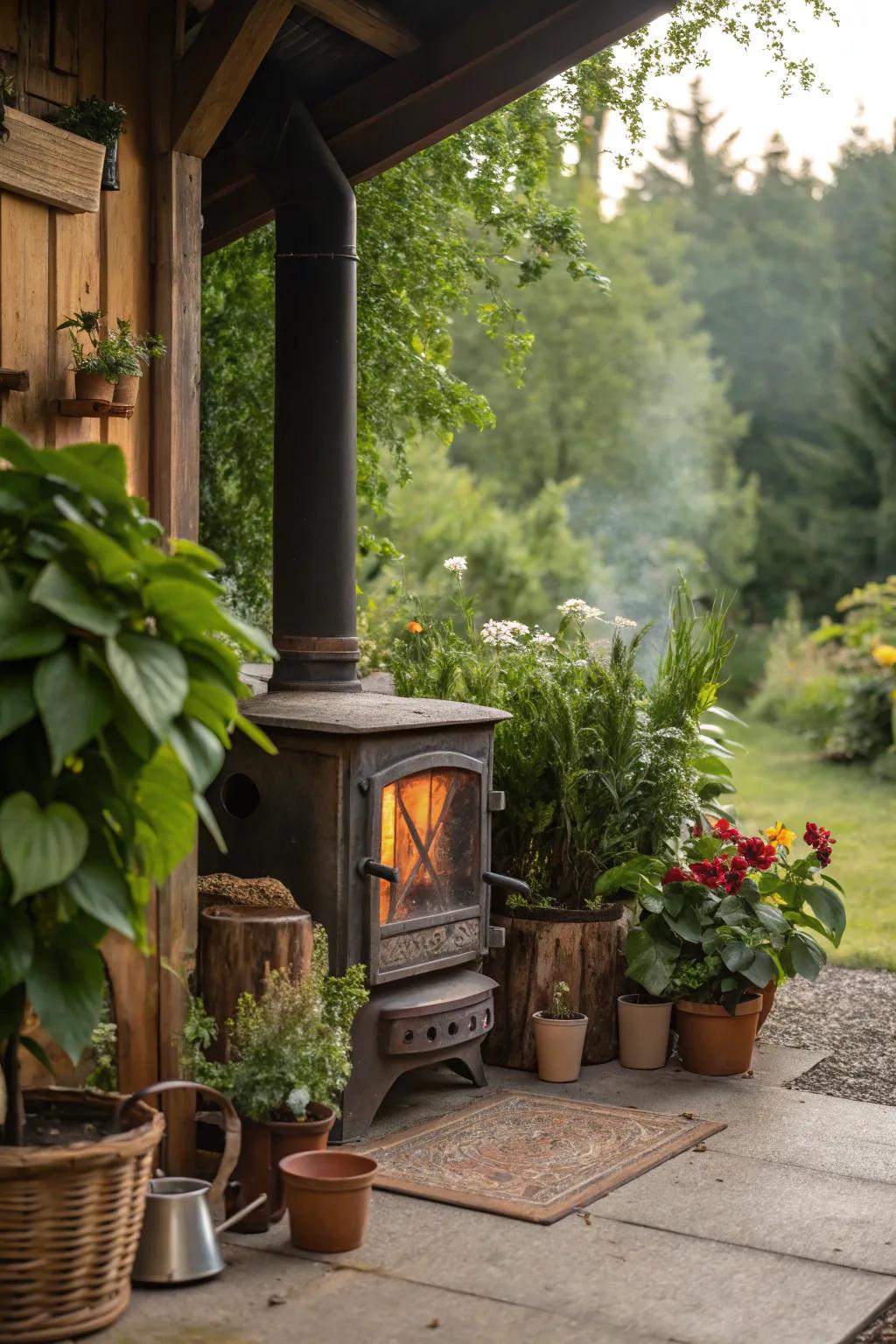 Botanical elements bring freshness and soften the stove area.