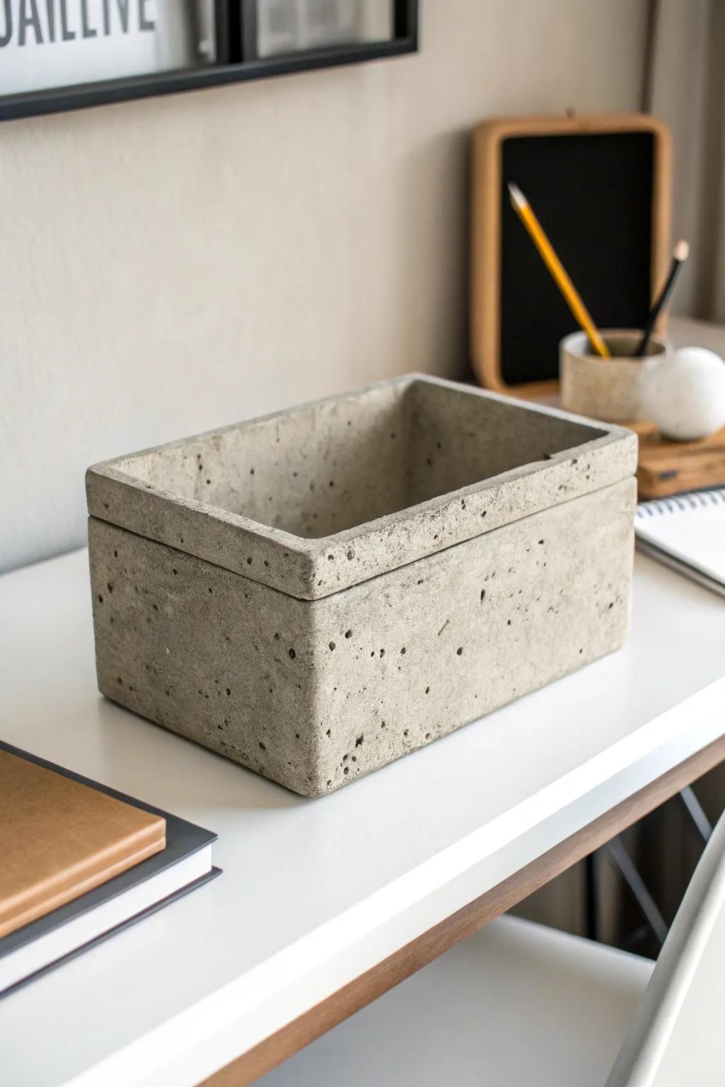 A modern minimalist box with a concrete texture.