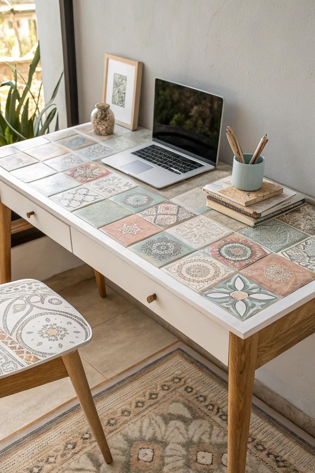 Transform your workspace with a unique tile top for that perfect blend of Scandinavian minimalism and boho charm. ✨ #DeskDecor #TileTop #ScandiBoho