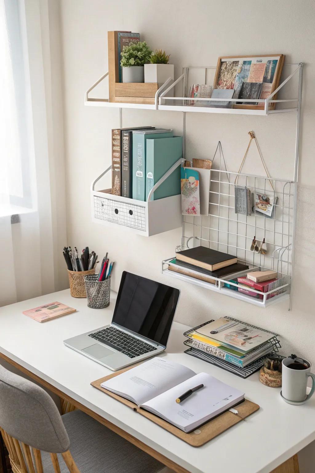 Maximize your desk space by utilizing vertical storage solutions.