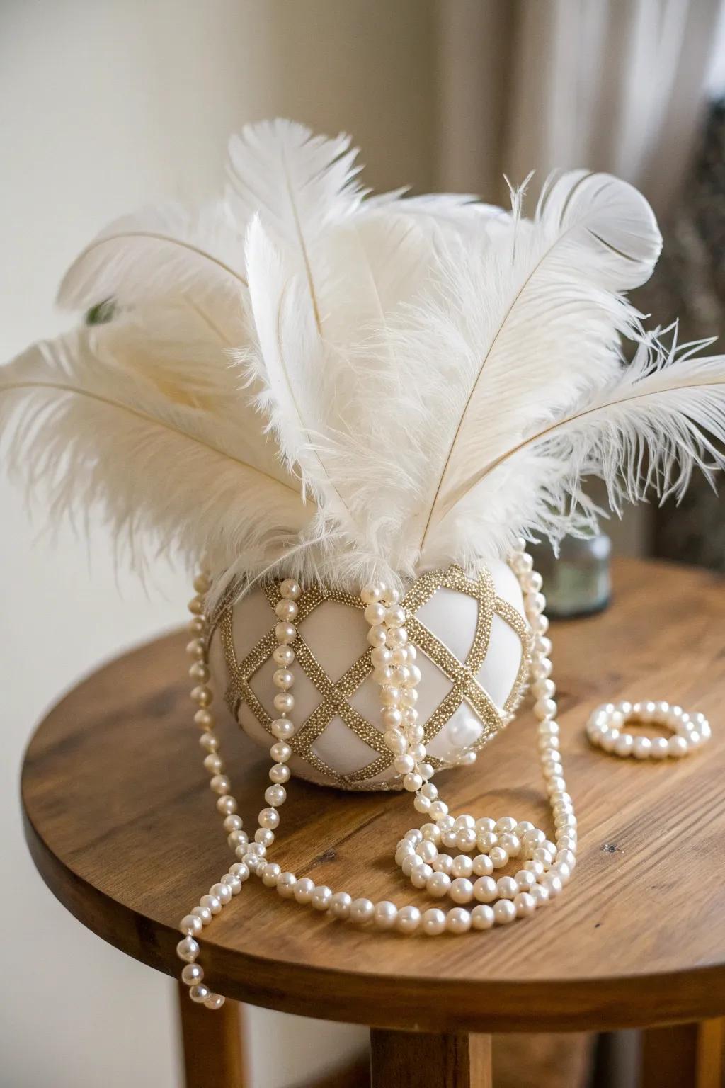 Elevate your 50th birthday celebration with this chic pearl and feather centerpiece, perfect for a touch of timeless elegance.