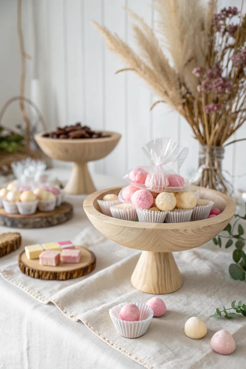 Sweet Elegance: A delightful centerpiece of chocolates and candies, perfect for a memorable 60th birthday celebration with a touch of minimalist charm.