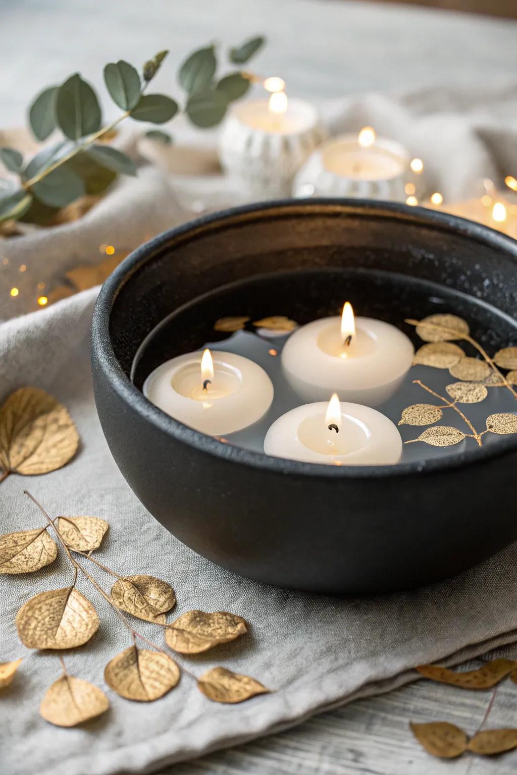 Transform your table into a pond of elegance with floating candle centerpieces.