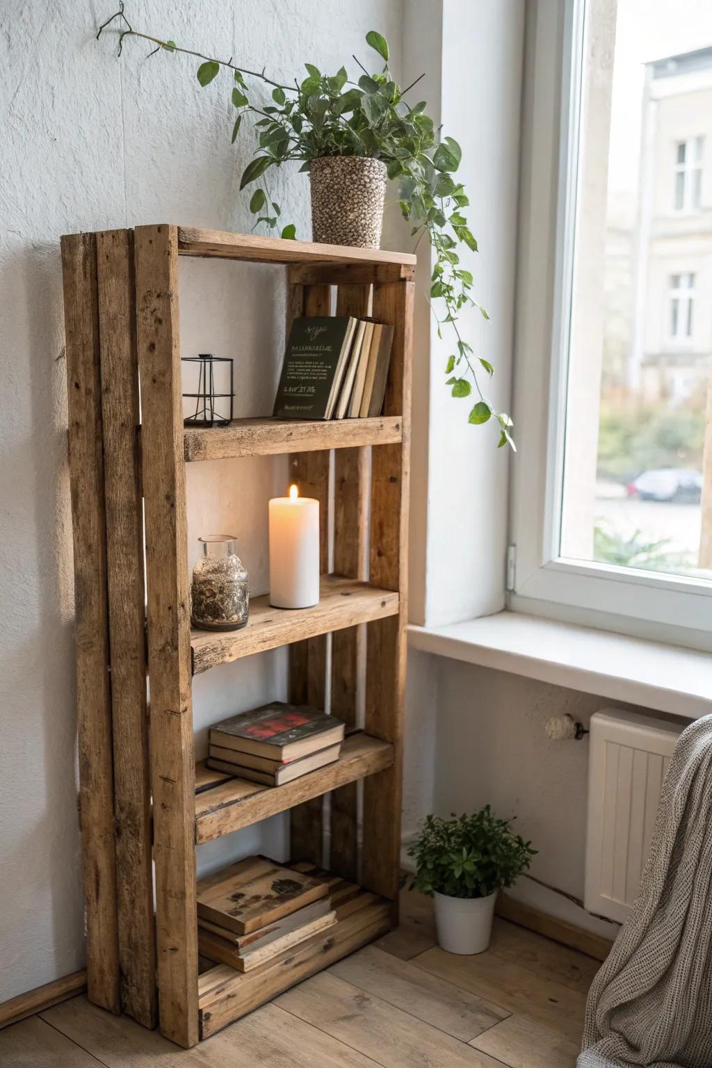 Elevate your small space with this charming DIY pallet bookshelf – a perfect blend of rustic charm and minimalist elegance.