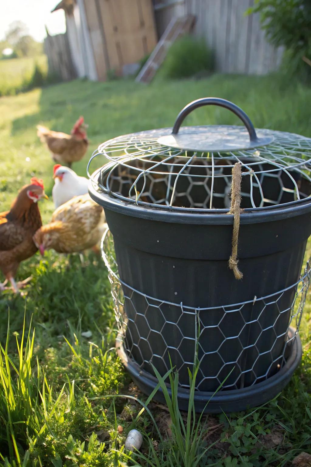 Crafted with care: Transform your old laundry basket into a charming chicken feeder.