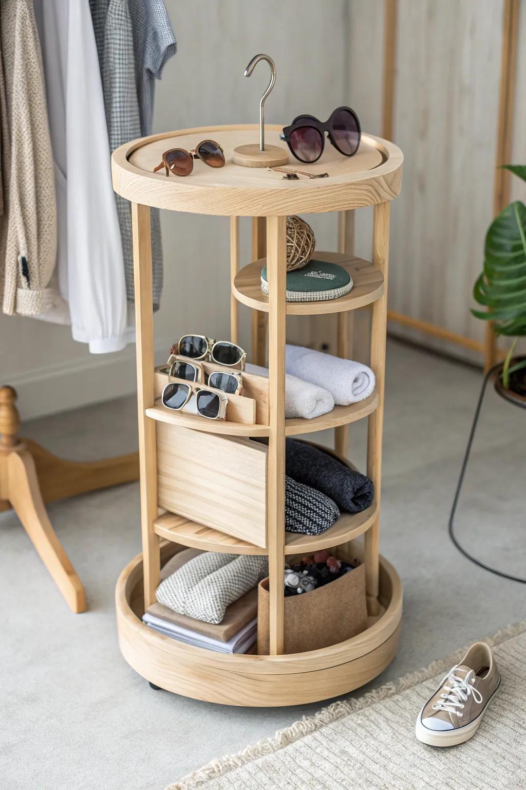 Elevate your closet organization with a chic rotating caddy that blends Scandinavian simplicity and Boho elegance.