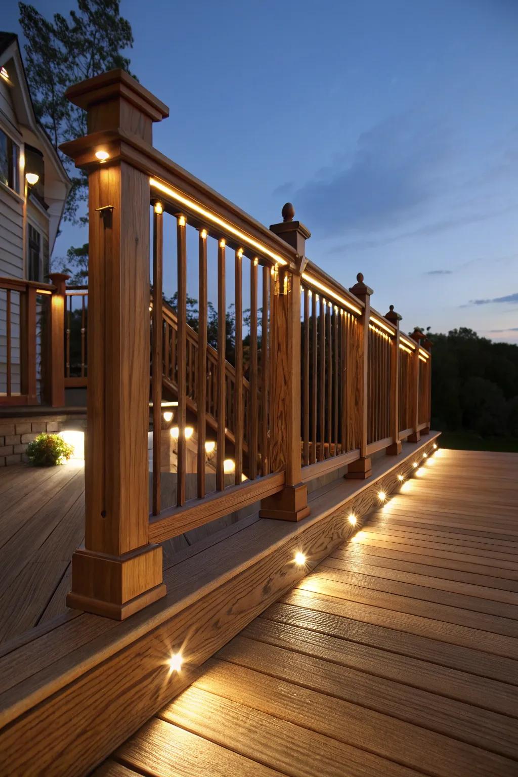 Illuminate your evenings with elegance: Craftsmanship meets modern design in this lighted deck railing.
