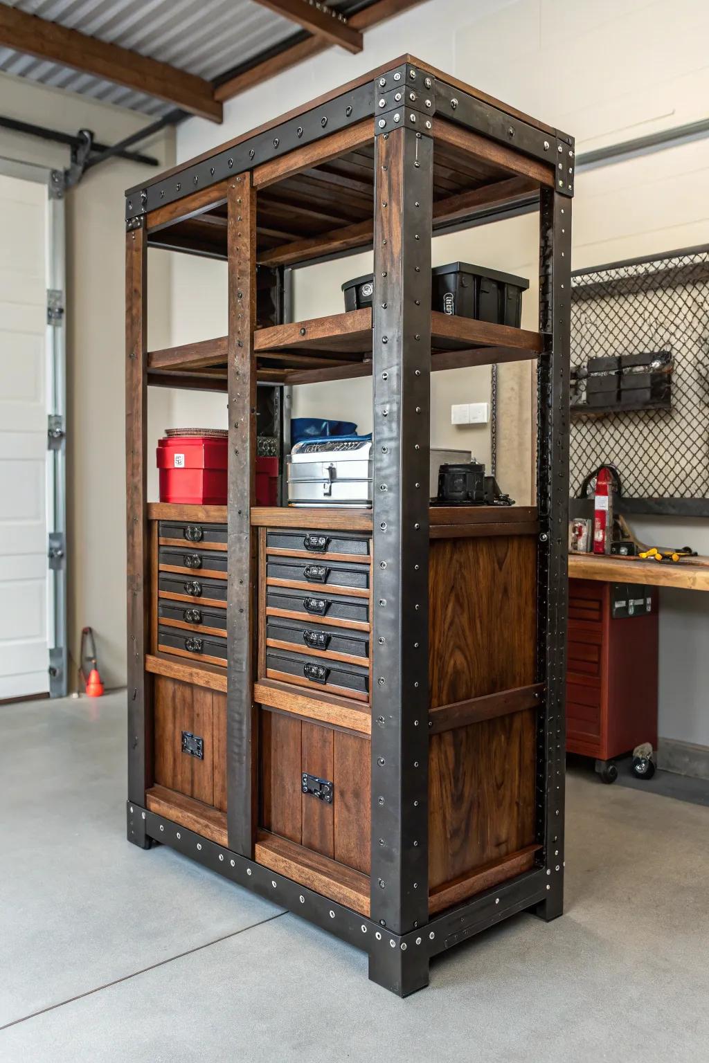 Elevate your garage organization with a freestanding shelving unit that blends functionality and style. Perfect for the modern craftsman.