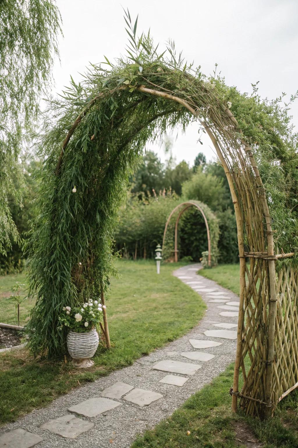 Embrace nature's artistry with a living willow arch, where simplicity meets elegance in your garden sanctuary.