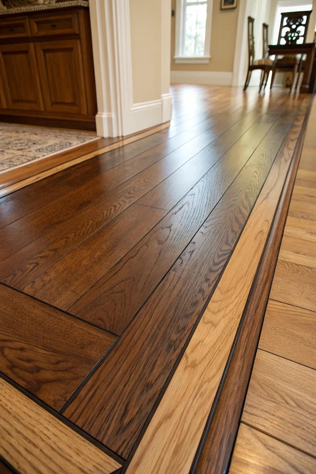Elevate your space with the art of two-tone hardwood flooring—where craftsmanship meets striking design.