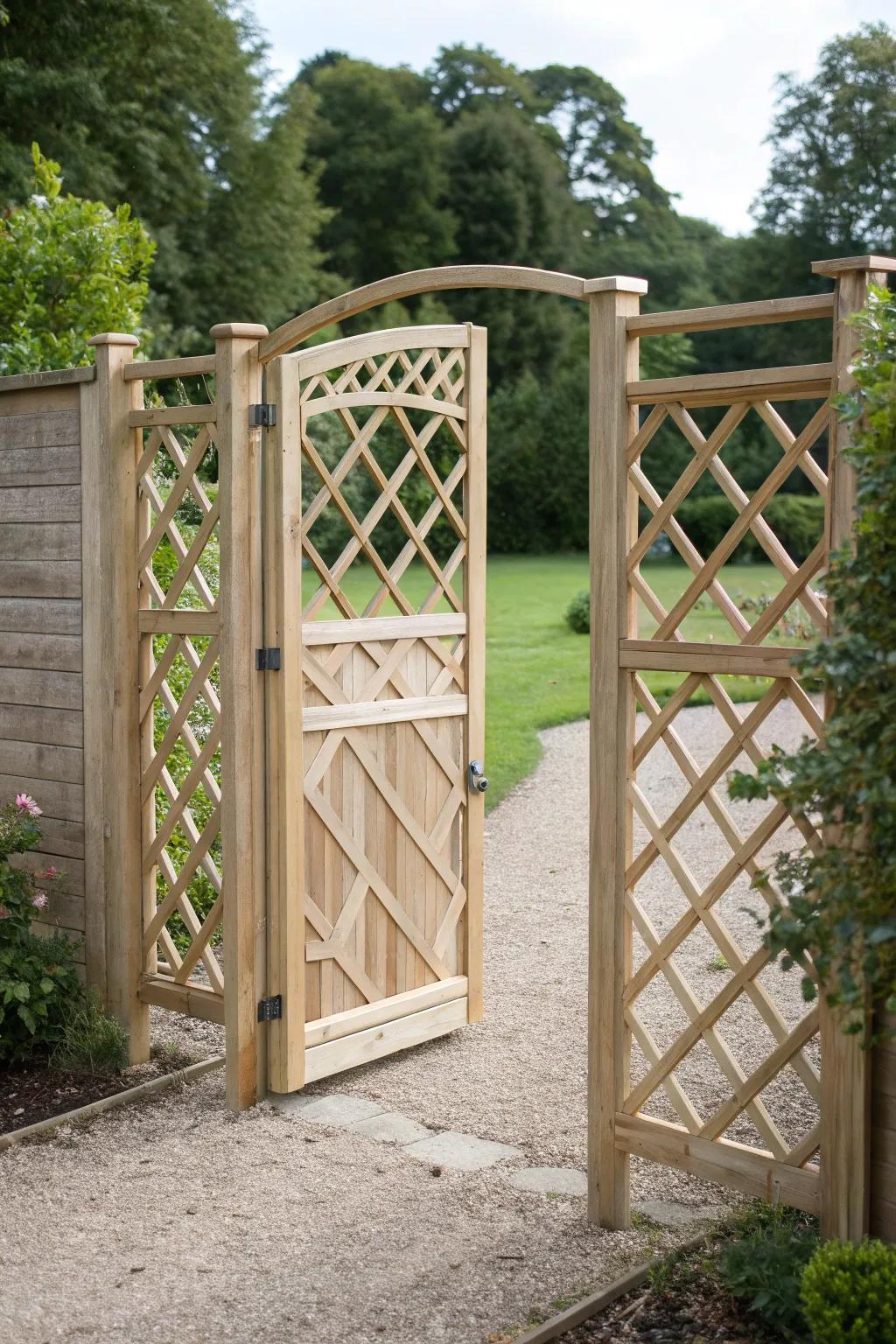 Welcome to tranquility: A handcrafted lattice gate that blends simplicity with natural beauty.