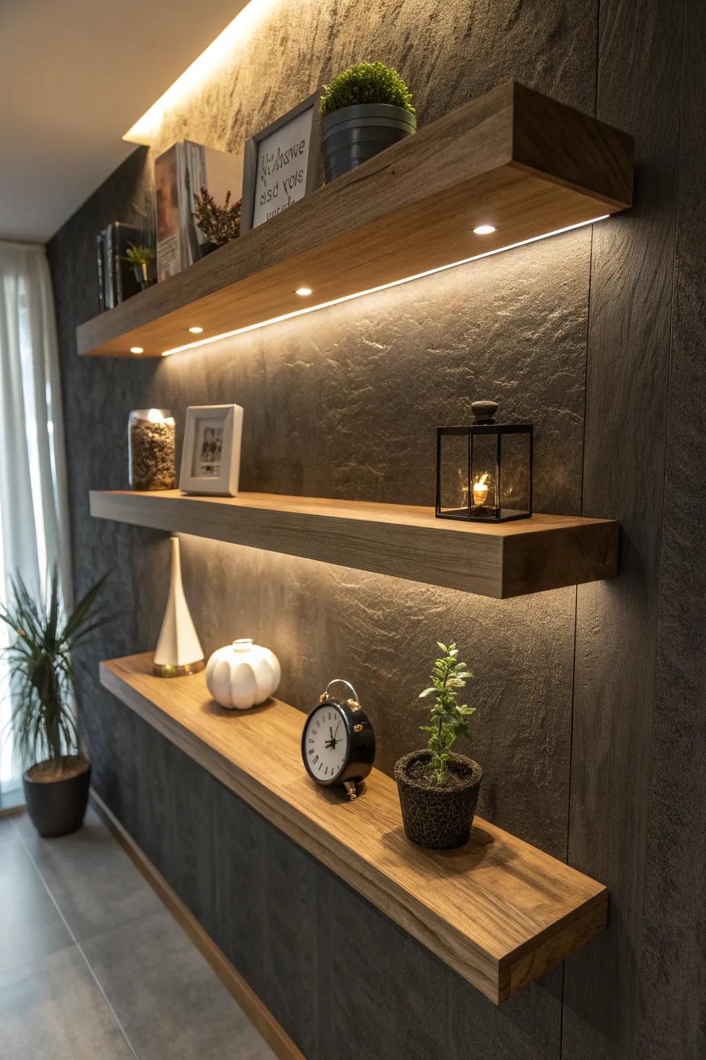 Illuminate your space with a handcrafted floating LED display shelf—where elegance meets functionality.