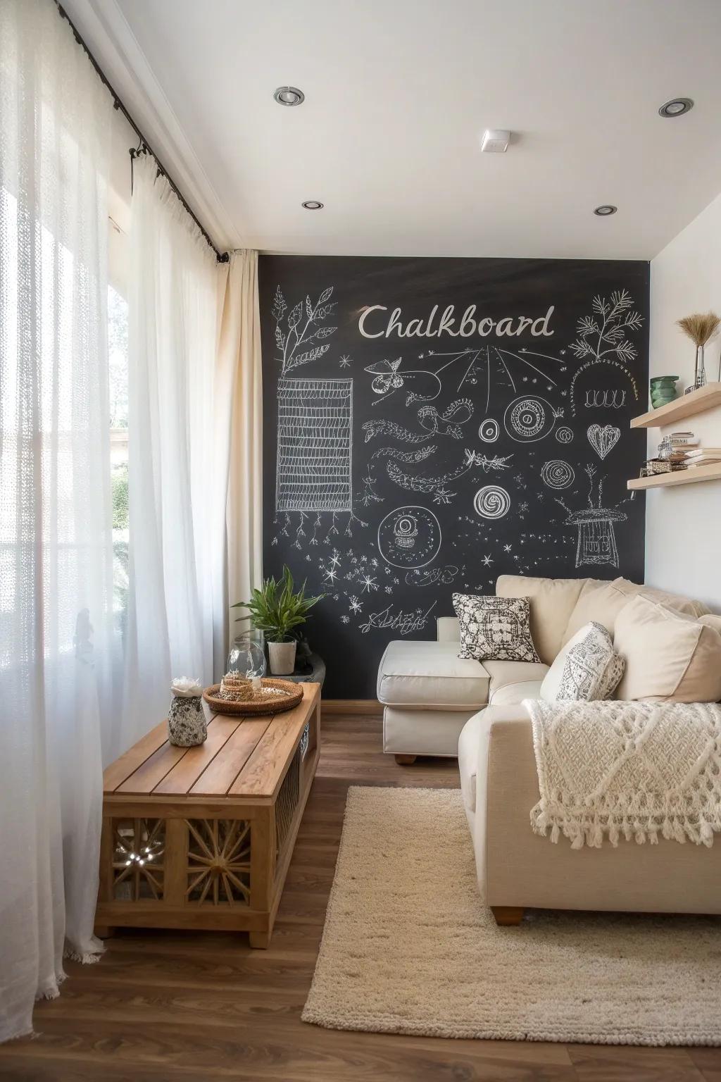 Transform your space with a chic chalkboard wall for a touch of creativity and style.