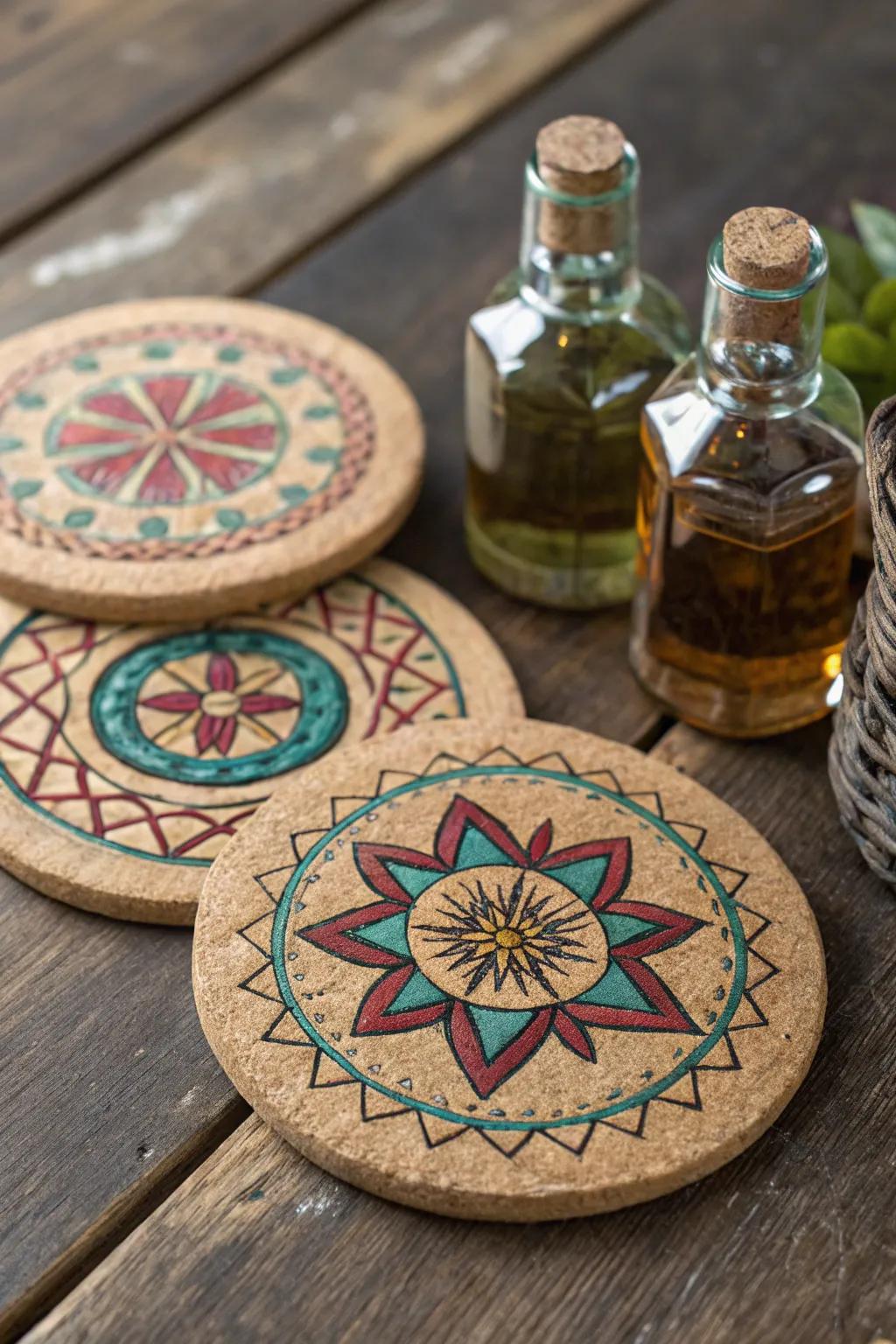 Elevate your gifting game with a handcrafted touch: personalized cork coasters paired with mini liquor bottles.