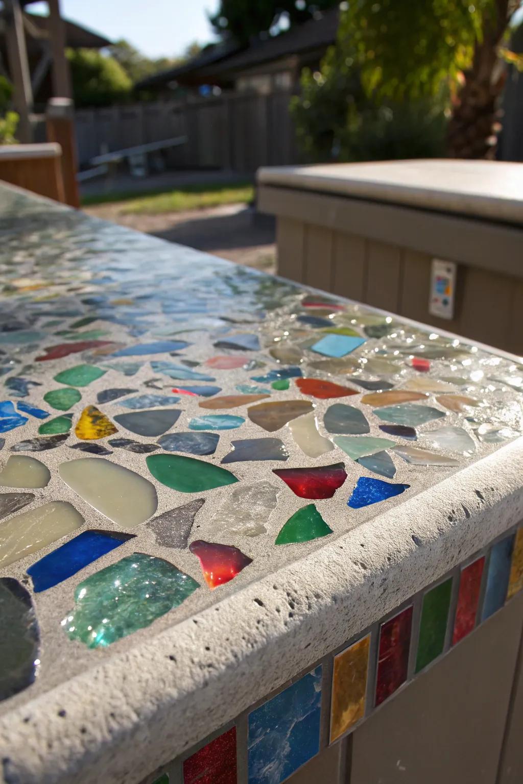 Craft your outdoor space with a stunning recycled glass countertop, where every piece tells a story.