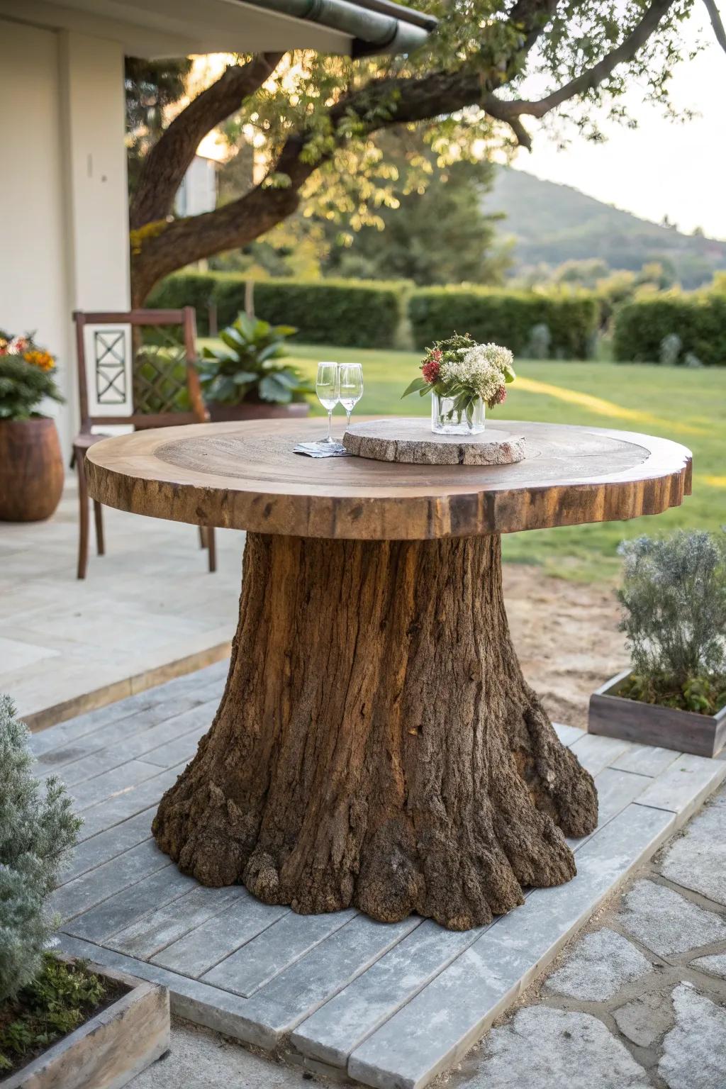 Nature meets craftsmanship: A striking tree stump table for your outdoor oasis.