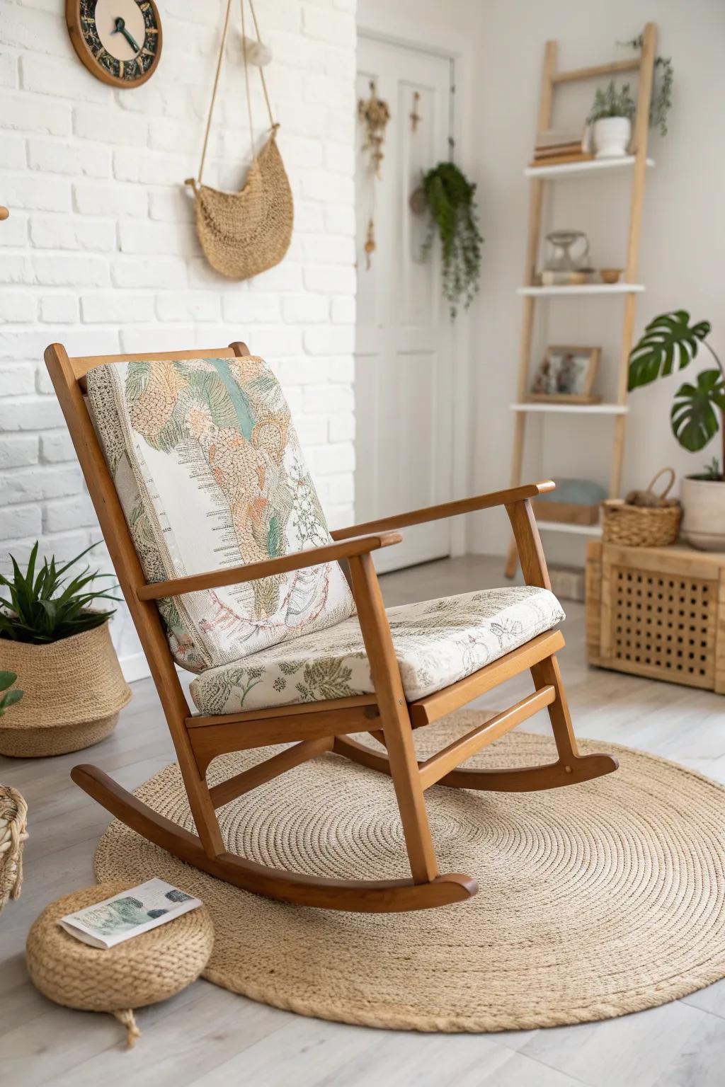 Transform your space into a travel lover's haven with this decoupage rocking chair masterpiece.