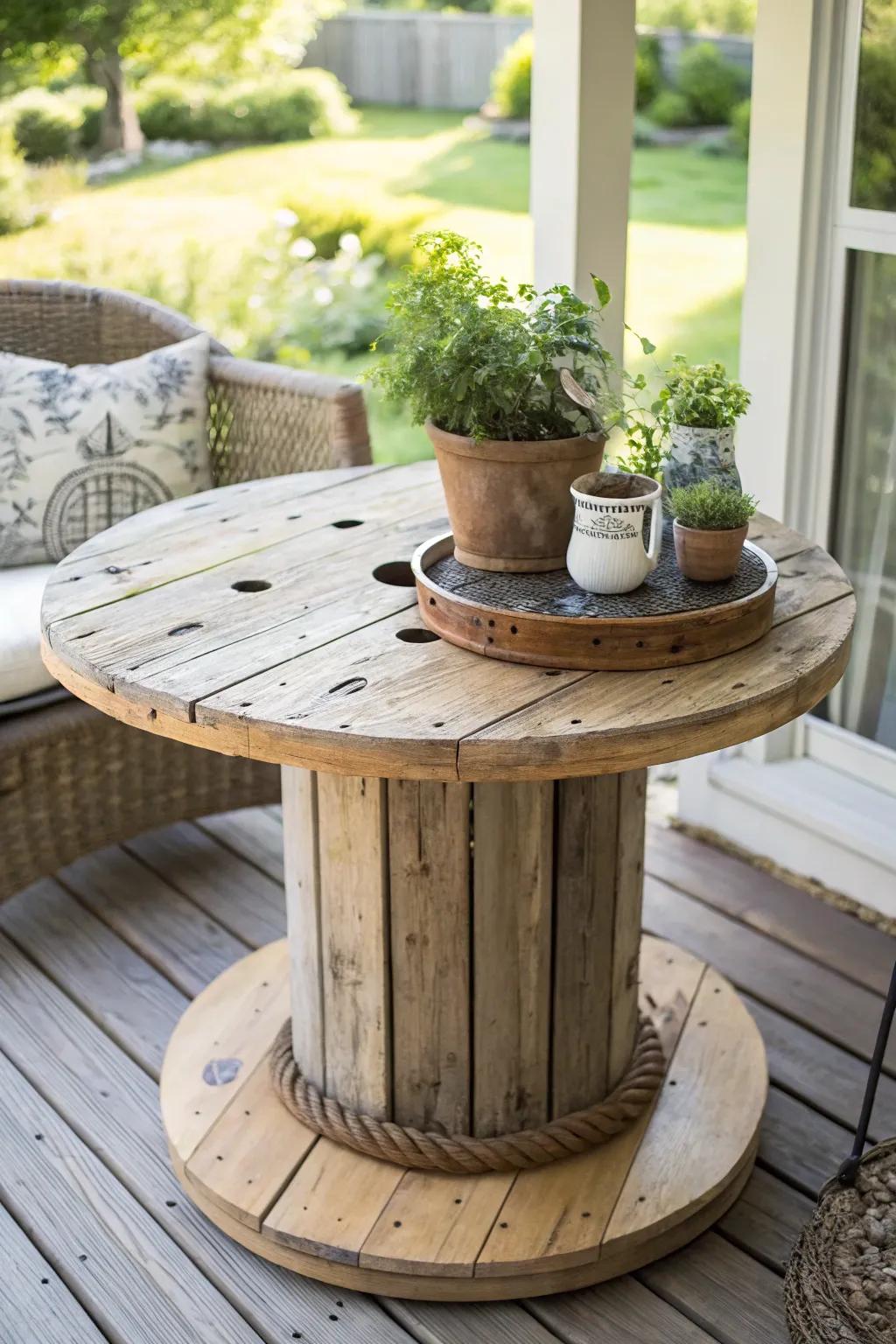 Transform a cable spool into a charming porch centerpiece with this rustic DIY table idea.