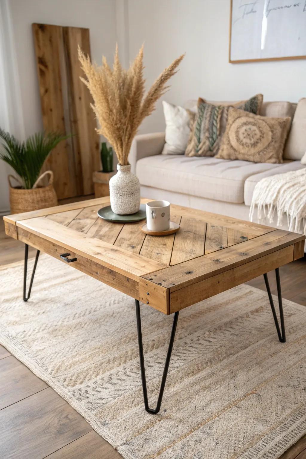 Elevate your living space with this DIY pallet wood coffee table that blends Scandinavian simplicity with boho charm.